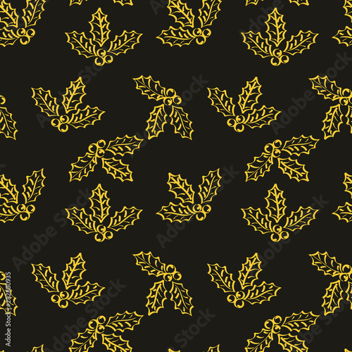 Vector Seamless background. Golden Holly leaves with berries.