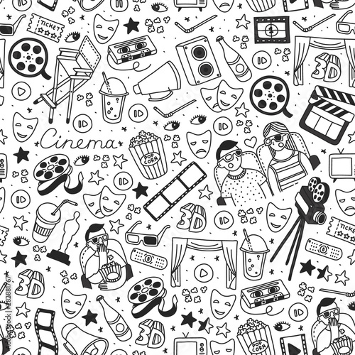 Vector set. Cartoon cute hand drawn Cinema. black white detailed, with lots of objects background. Doodle Set. Hand drawn cinema icons doodle