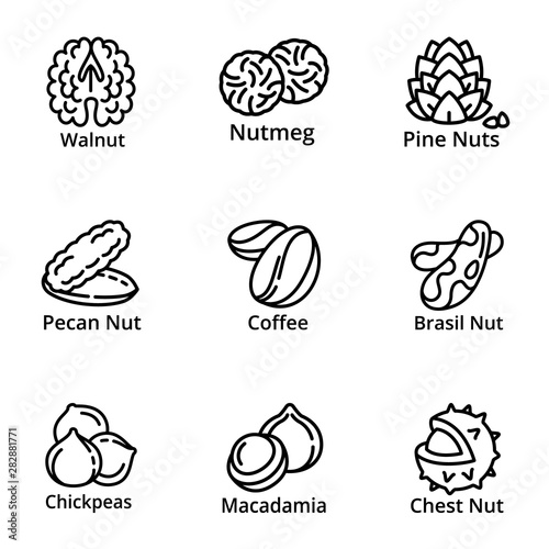 Nutrition nuts icon set. Outline set of 9 nutrition nuts vector icons for web design isolated on white background