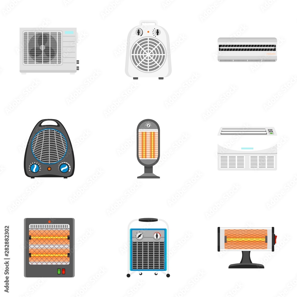 Fan heater icon set. Flat set of 9 fan heater vector icons for web design isolated on white background Fan heater icon set. Flat set of 9 fan heater vector icons for web design isolated on white background