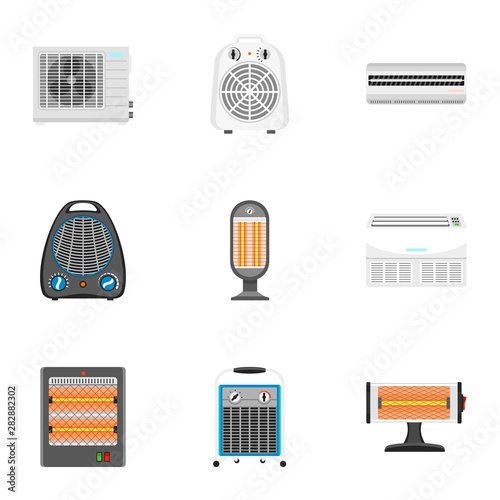 Fan heater icon set. Flat set of 9 fan heater vector icons for web design isolated on white background