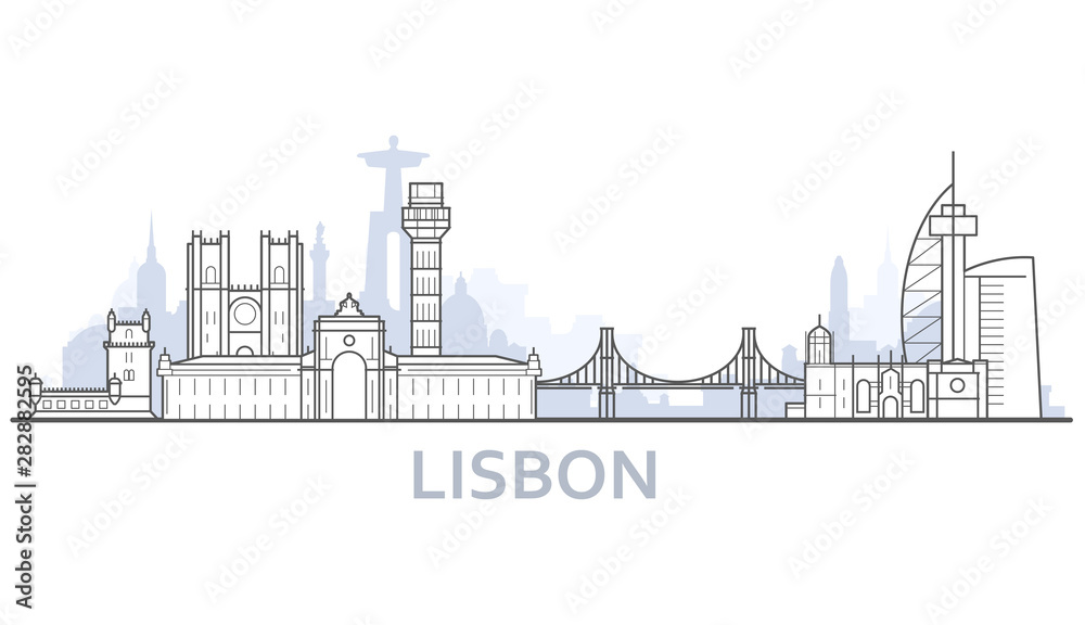 Outline of Lisbon cityscape - old town view with landmarks of Lisbon