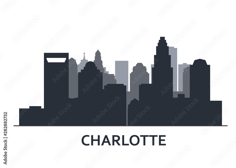 Silhouette of Charlotte skyline - Charlotte panorama, city downtown outline