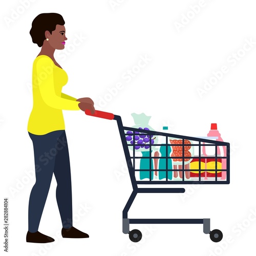 Afro american woman shop cart icon. Flat illustration of afro american woman shop cart vector icon for web design