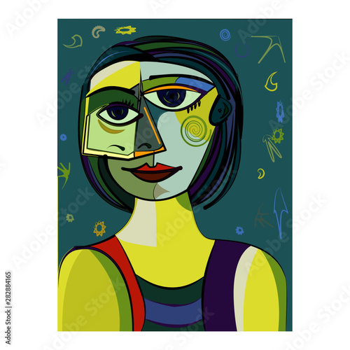 Colorful abstract background, cubism art style, girl portrait