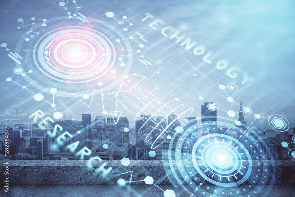 Data theme hologram drawing on city view with skyscrapers background double exposure. Technology concept.