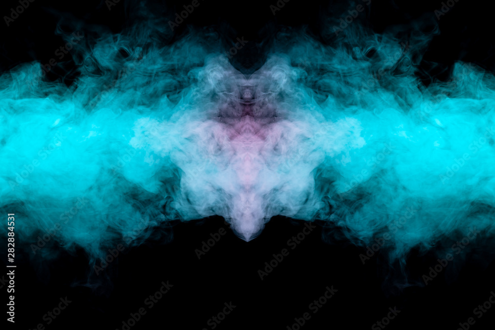 Horizontal green smoke connecting in the center with pink in the form of a collision of two jets on a black isolated background. Print for clothes.