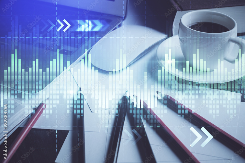 Stock market graph and table with computer background. Multi exposure. Concept of financial analysis. Stock market graph and table with computer background. Multi exposure. Concept of financial analysis.