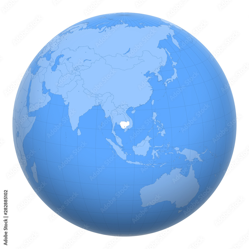 Cambodia (Kampuchea) on the globe. Earth centered at the location of the Kingdom of Cambodia. Map of Cambodia. Includes layer with capital cities.