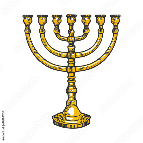 Menorah ancient Hebrew lampstand religion symbol color sketch engraving vector illustration. Scratch board style imitation. Hand drawn image.