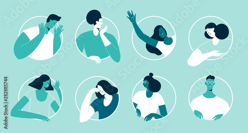 In each window, people are communicating. Design vector illustration, flat style