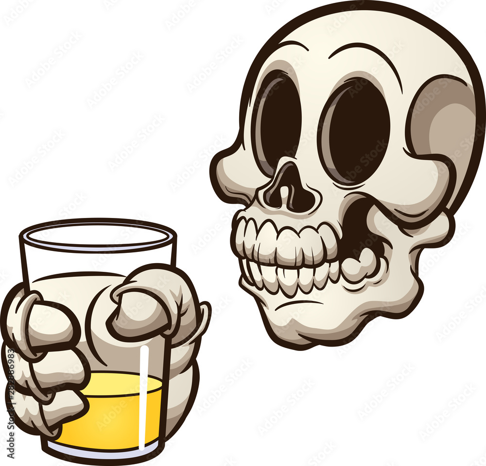 Cartoon skull holding a drink clip art. Vector illustration with simple  gradients. Skull and glass on separate layers. Stock Vector | Adobe Stock