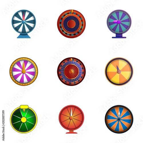 Spin fortune wheel icon set. Cartoon set of 9 spin fortune wheel vector icons for web design isolated on white background