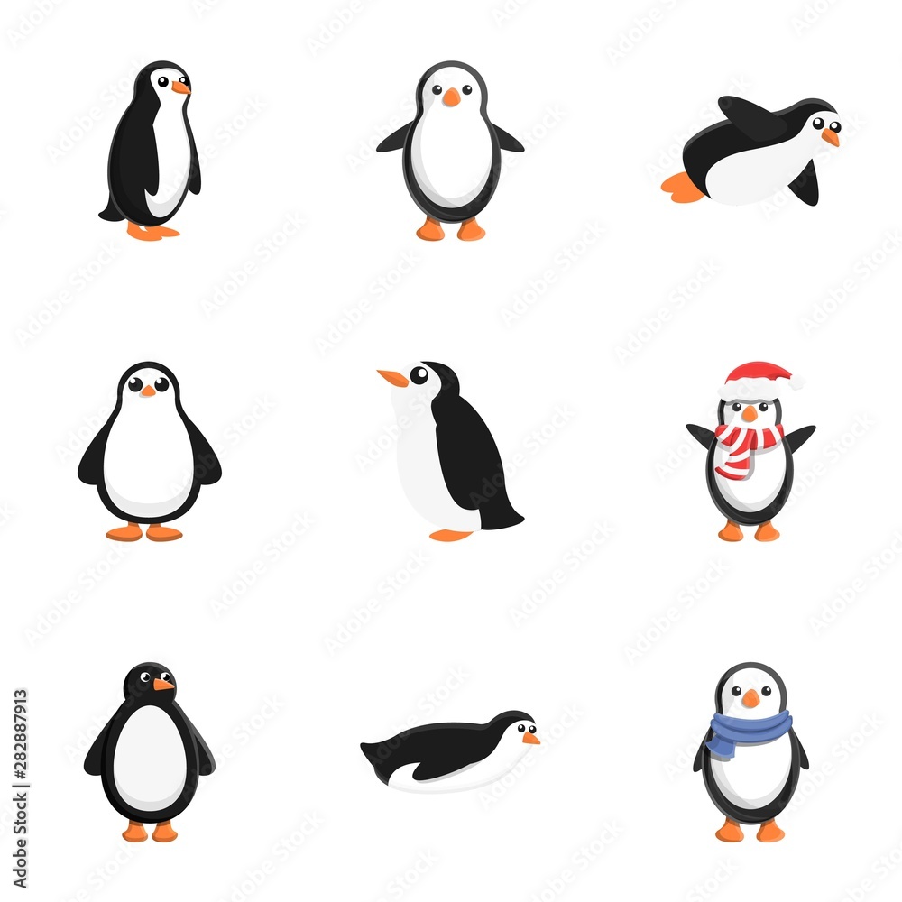 Arctic penguin icon set. Cartoon set of 9 arctic penguin vector icons for web design isolated on white background Arctic penguin icon set. Cartoon set of 9 arctic penguin vector icons for web design isolated on white background