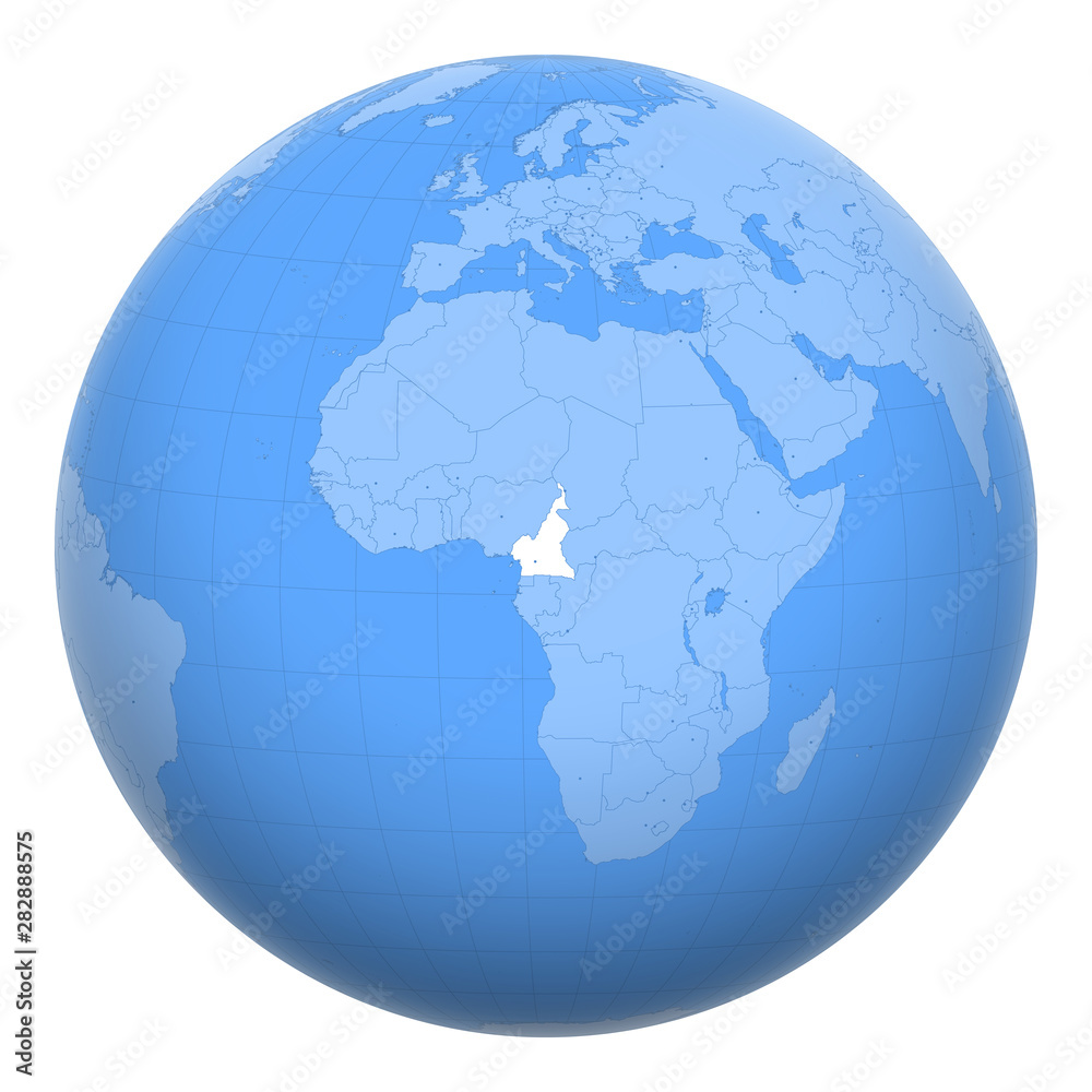 Cameroon on the globe. Earth centered at the location of the Republic of Cameroon. Map of Cameroon. Includes layer with capital cities.