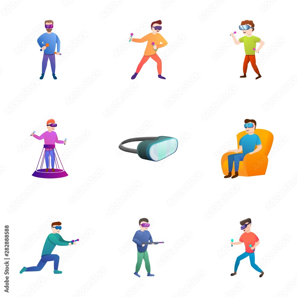 Vr headset game icon set. Cartoon set of 9 vr headset game vector icons for web design isolated on white background