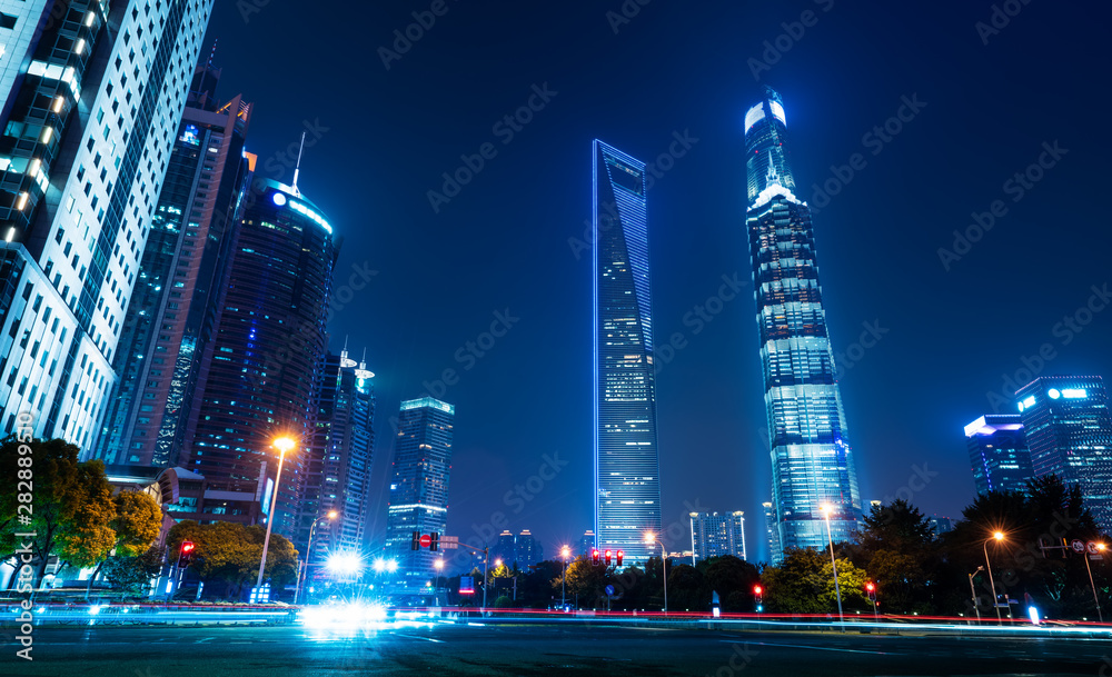 the light trails on the modern building background