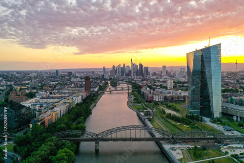 Frankfurt European Central Bank in front of the City Skyline at sunset