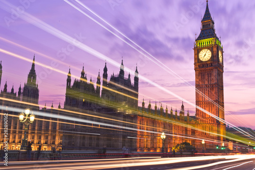 Big Ben London England Sunset and Bus and Car Light Trails