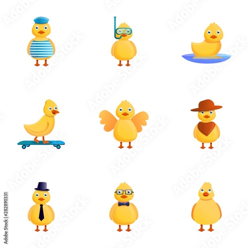Funny yellow duck icon set. Cartoon set of 9 funny yellow duck vector icons for web design isolated on white background
