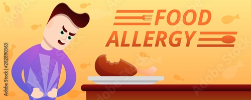 Food allergy concept banner. Cartoon illustration of food allergy vector concept banner for web design
