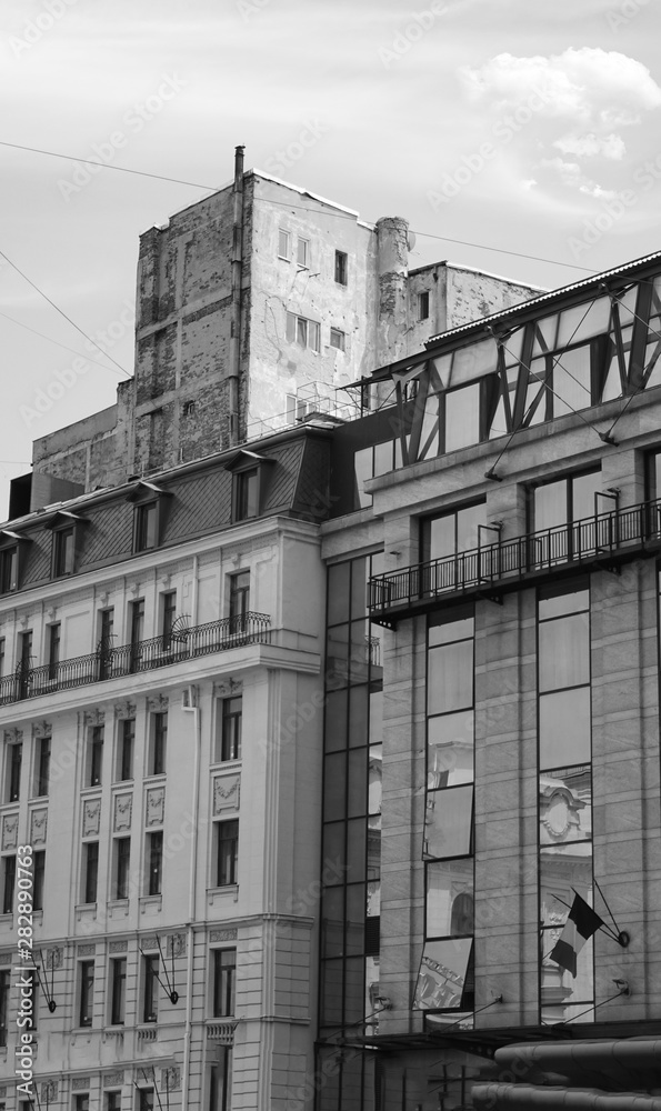 New and old building black and white