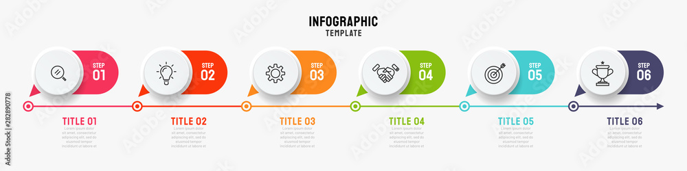 Timeline infographics template. Business concept with 6 steps, options and marketing icons. Can be used or workflow layout, info chart, process diagram. Vector illustration.