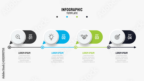 Timeline infographics template. Business concept with 4 steps, options and marketing icons. Can be used or workflow layout, info chart, process diagram. Vector illustration.