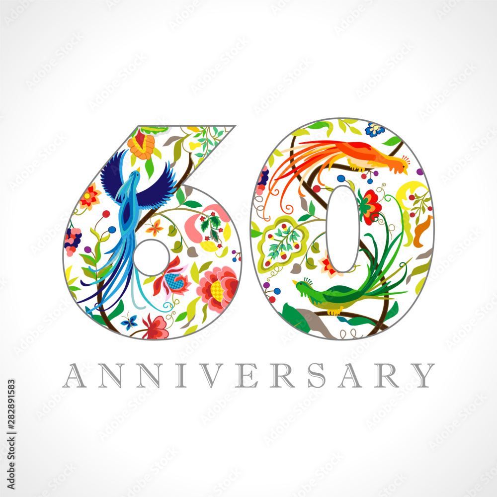 © koltukovs - 60 years old logotype. 60 th anniversary numbers. Decorative symbol. Age congrats with peacock birds. Isolated abstract graphic design template. Royal coloured digits. Up to 60% percent off discount.