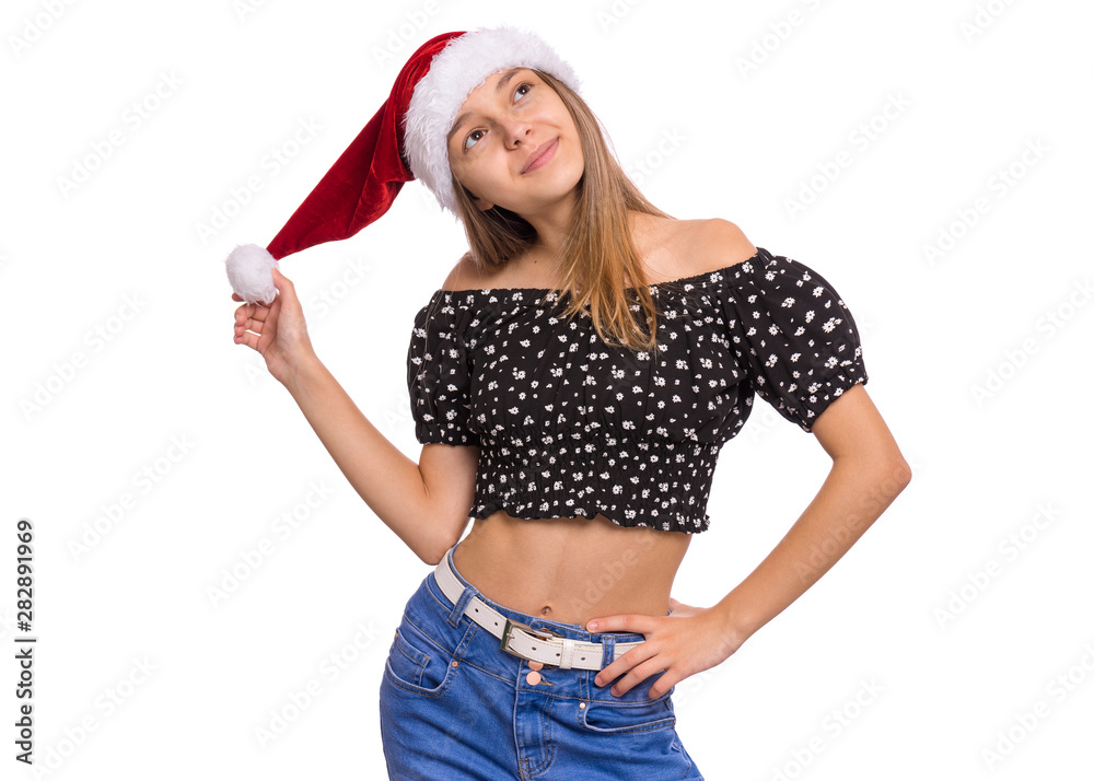 Christmas teen girl in Santa Hat. Cute child in Santa red hat, isolated on  white background. Joyful young teenager having fun. Winter holidays. Happy  xmas and New Year. Stock Photo | Adobe