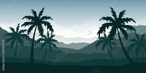 beautiful palm tree silhouette mountain landscape in green colors vector illustration EPS10