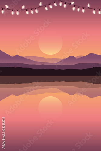 sea at beautiful sunset with fairy light and mountain view vector illustration EPS10