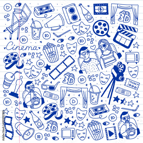 Vector set. Cartoon cute hand drawn Cinema. ink detailed, image of pen on line notebook. Doodle Set. Hand drawn cinema icons doodle