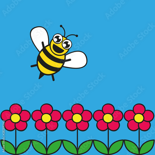cute happy honey bee in a pink flower garden vector illustration EPS10