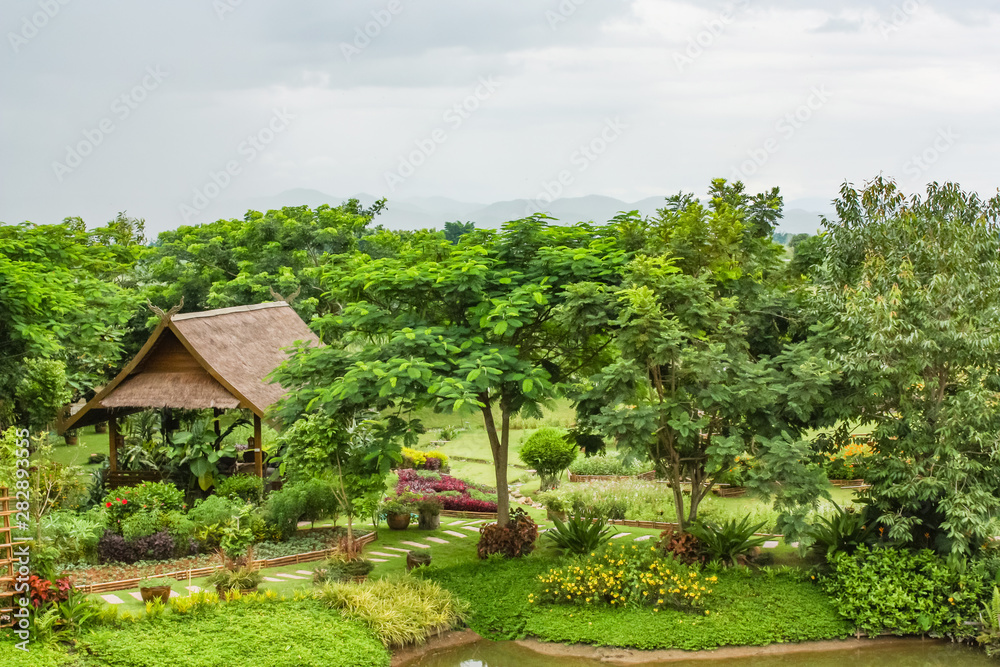 Beautiful landscape of a park in Thailand. Area with Green Trees and Lake