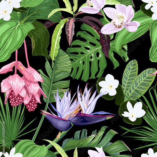 Fashionable seamless pattern with tropical flowers and leaves on a dark background. Orchids, medinilla, white strelitzia, tiara flower, palm leaves.