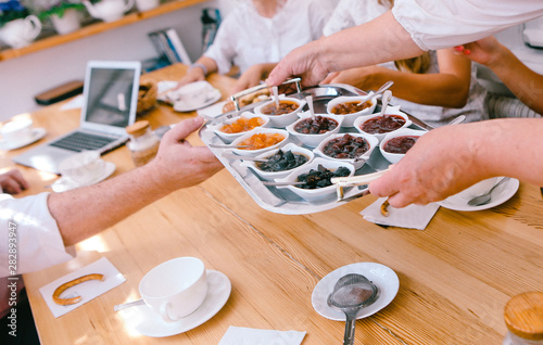 morning breakfast people table tea cookies jam