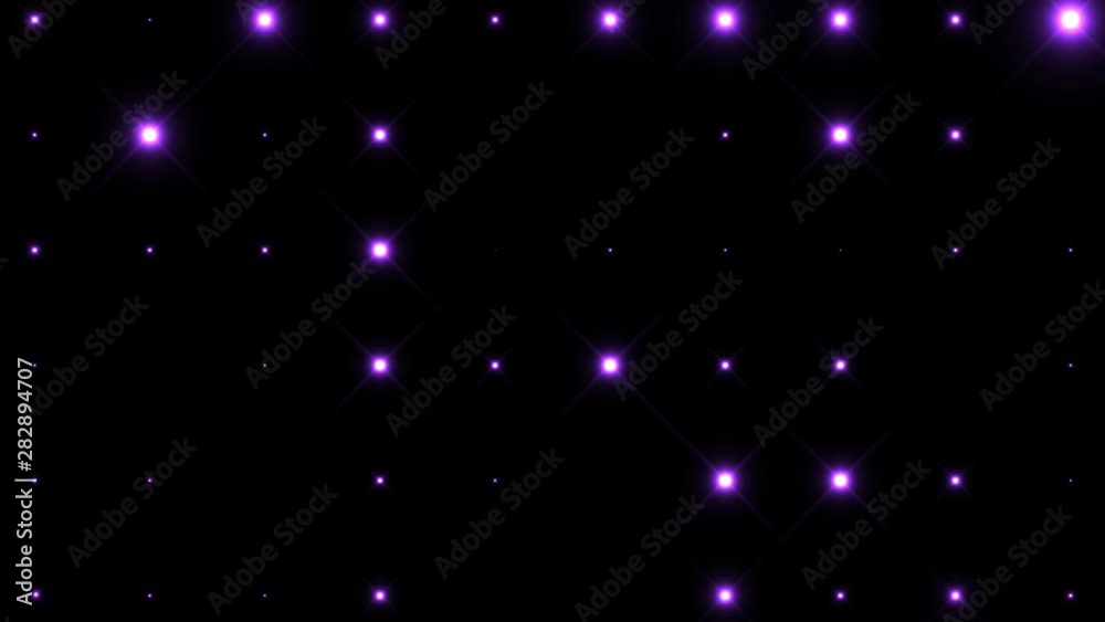 Loop seamless background spotlight flood purple light flashing flashlights in nightclub. Animation disco lamps blinking purple lights on black background.