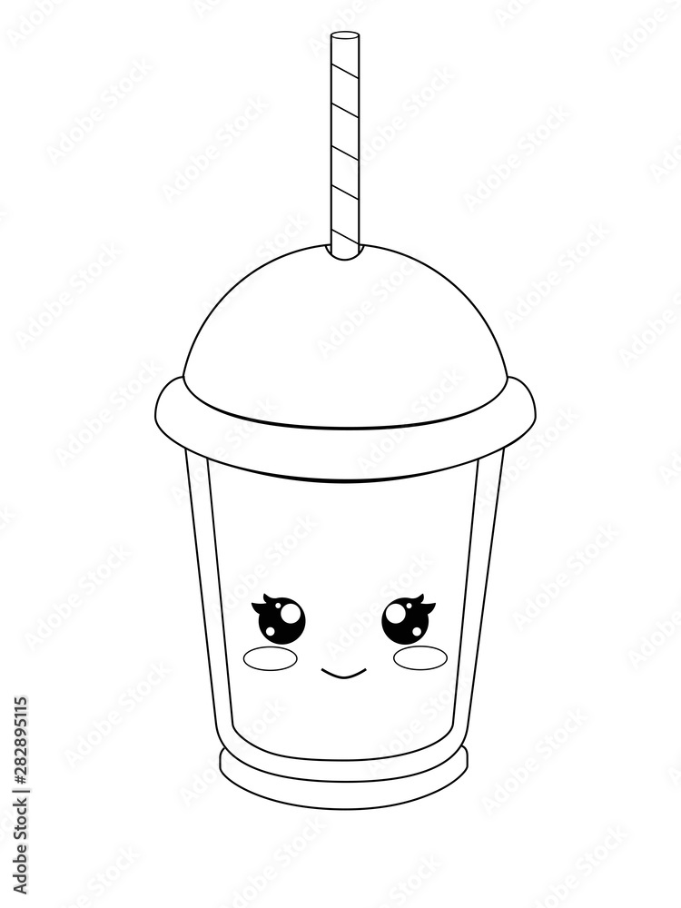 A cute cup for drinks with a lid and a drinking straw. A glass with a cute face - an emoticon. Vector linear picture for coloring. A cute cup for drinks with a lid and a drinking straw. A glass with a cute face - an emoticon. Vector linear picture for coloring.
