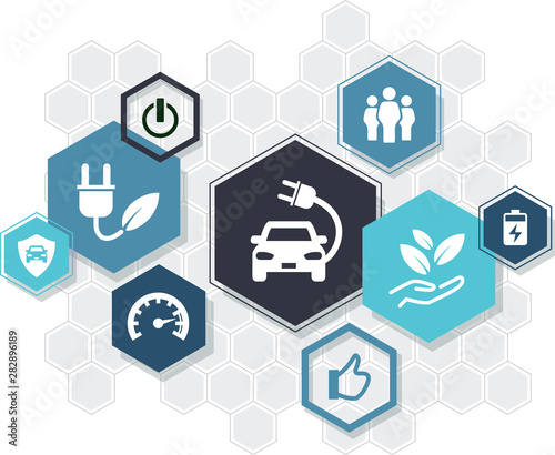 Electromobility icon concept: aspects of electric / hybrid car – environmental protection, battery charging – vector illustration