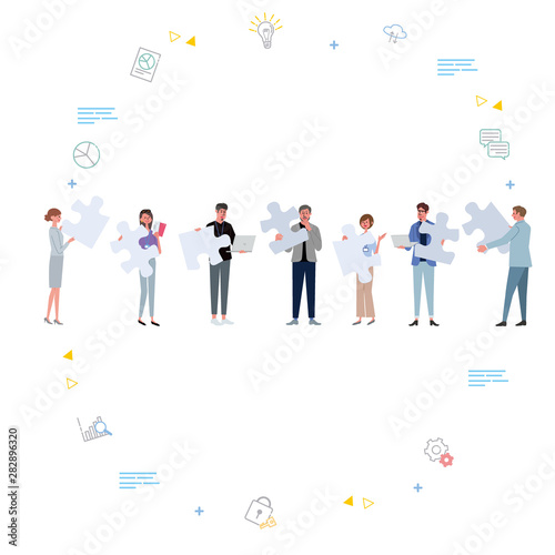 パズルをもつ人々　イラスト　チームワーク