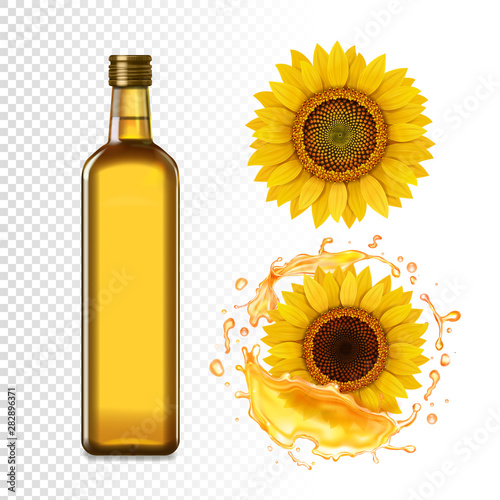 Sunflower oil bottle and realistic sunflower in oil splash photo