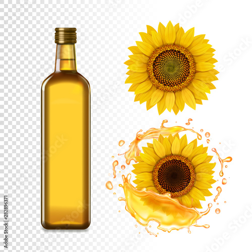 Sunflower oil bottle and realistic sunflower in oil splash