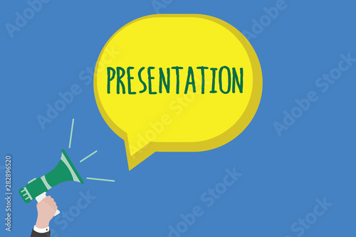 Writing note showing Presentation. Business photo showcasing Speech or talk in which a new product demonstrating idea work is shown.