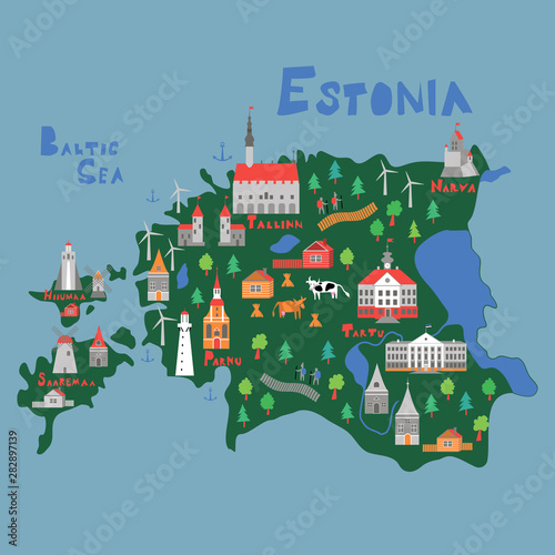 Illustration map of Estonia with nature, animals and landmarks.