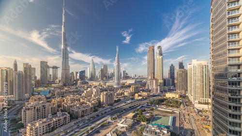 Dubai Downtown skyline timelapse with Burj Khalifa and other towers paniramic view from the top in Dubai