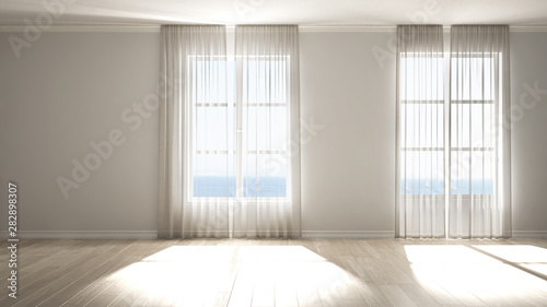 Stylish empty room with panoramic windows, parquet wooden floor, classic shutters, white curtains. White background with copy space, interior design concept. Sea ocean landscape