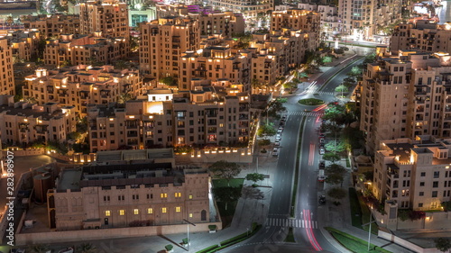 The Old Town residential buildings aerial timelapse in Downtown Dubai, UAE