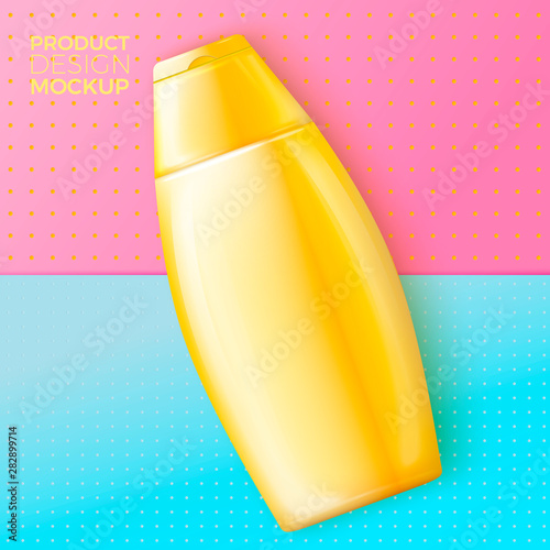 Vector 3d realistic shampoo bottle on bright modern paper background with slight texture. Mock-up for product package branding.