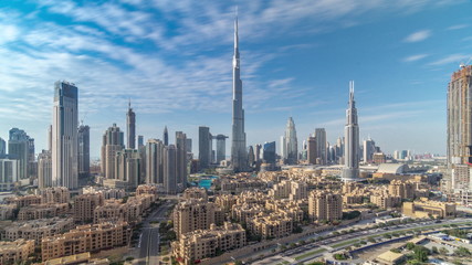 Fotobehang Burj Khalifa Dubai Downtown skyline timelapse with Burj Khalifa and other towers paniramic view from the top in Dubai  © HyperlapsePro